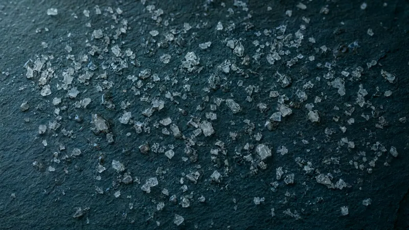 Sea salt crystals scattered on wet dark slate