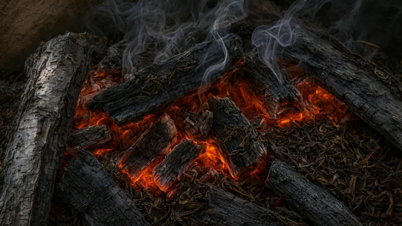 Glowing embers under charred wood with a curl of smoke
